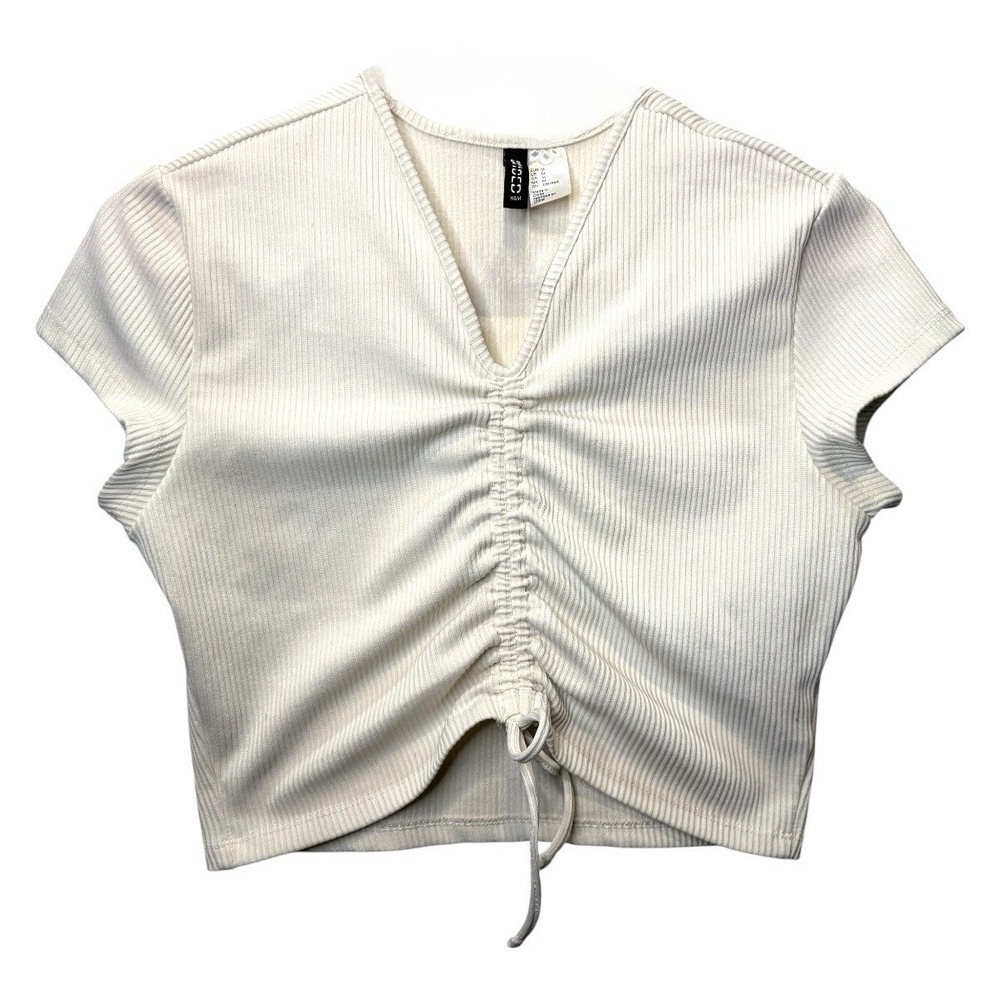 H&M Divided Women's Medium Short Sleeve Cropped Tied Front White Ribbed Shirt